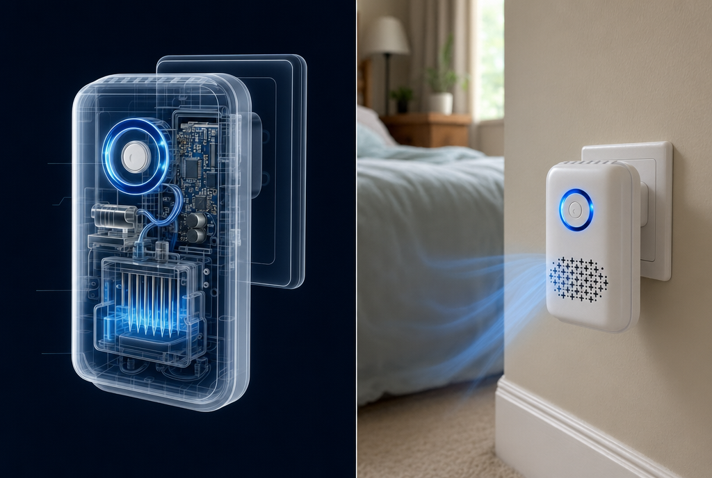 ODRx Gerät — interne Mechanismus-Ansicht links, eingesteckt in eine Schlafzimmer-Steckdose mit Negativ-Ionen rechts