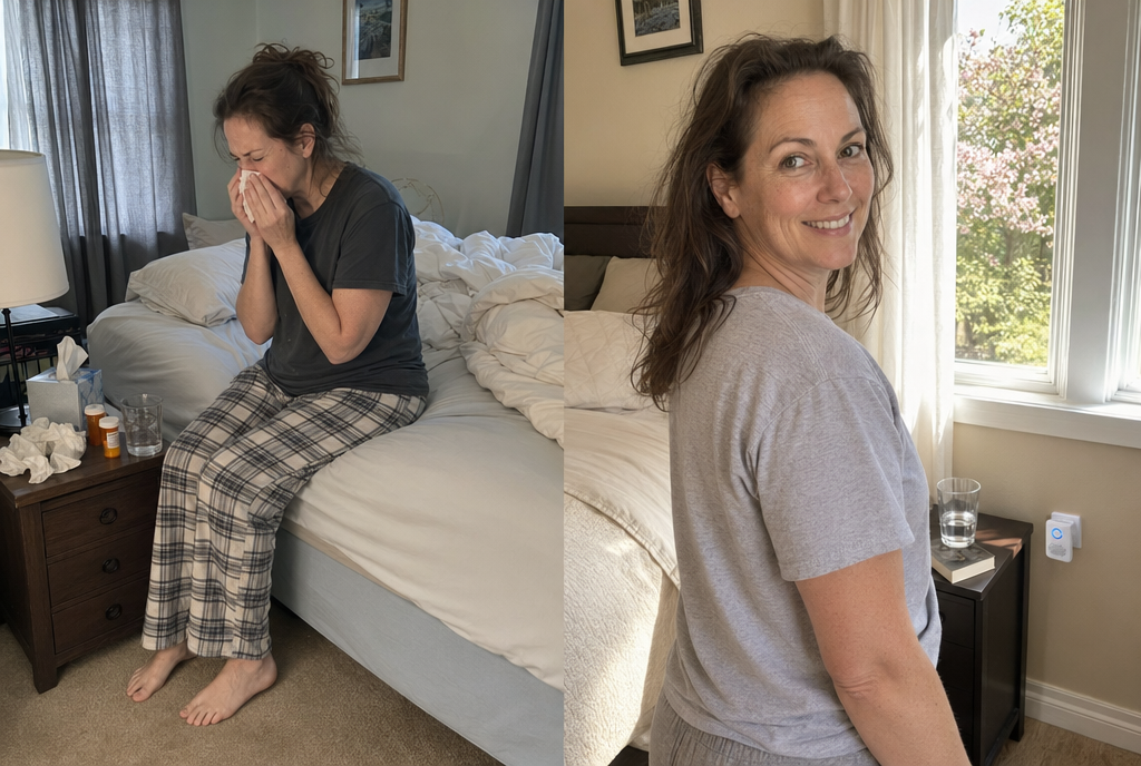 Margarethe vorher und nachher — verstopft im Bett vs. klar und lächelnd am Fenster mit ODRx auf dem Nachttisch