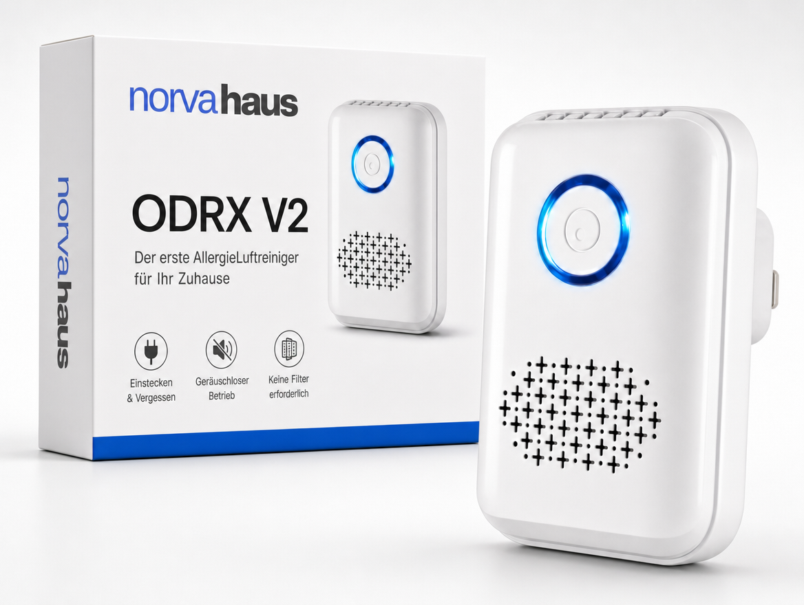 NorvaHaus ODRx Verpackung neben dem Gerät — Der erste echte Allergie-Reiniger für dein Zuhause