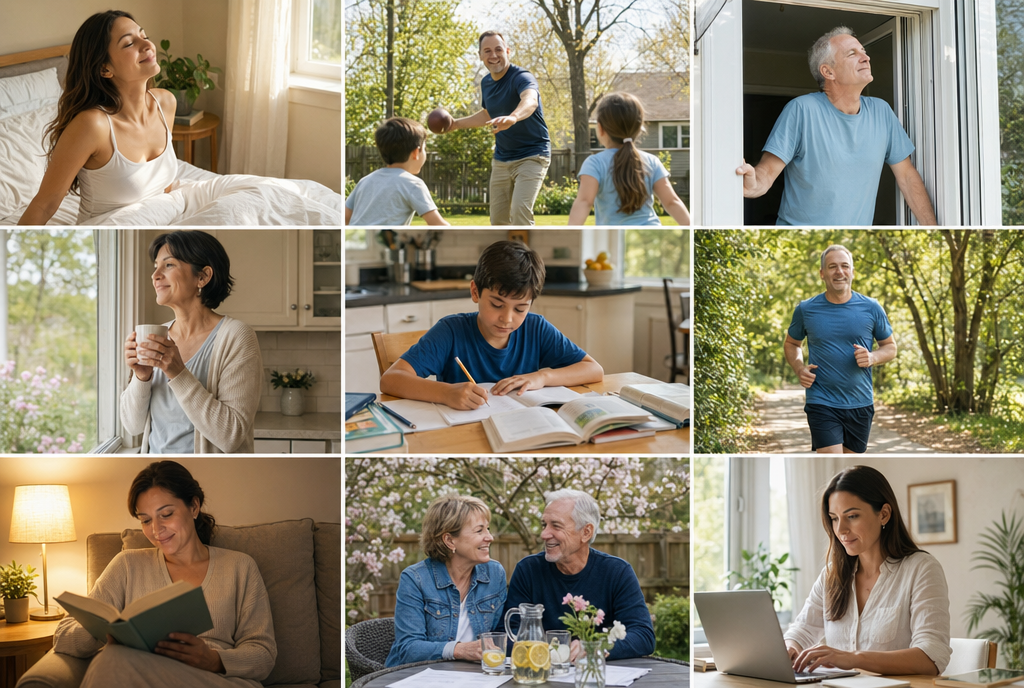 Neun Bilder von Menschen mit klaren Tagen — erholt aufwachen, mit Kindern spielen, Fenster öffnen, Kaffee trinken, Hausaufgaben machen, draußen joggen, lesen, Limonade im Garten, am Laptop arbeiten