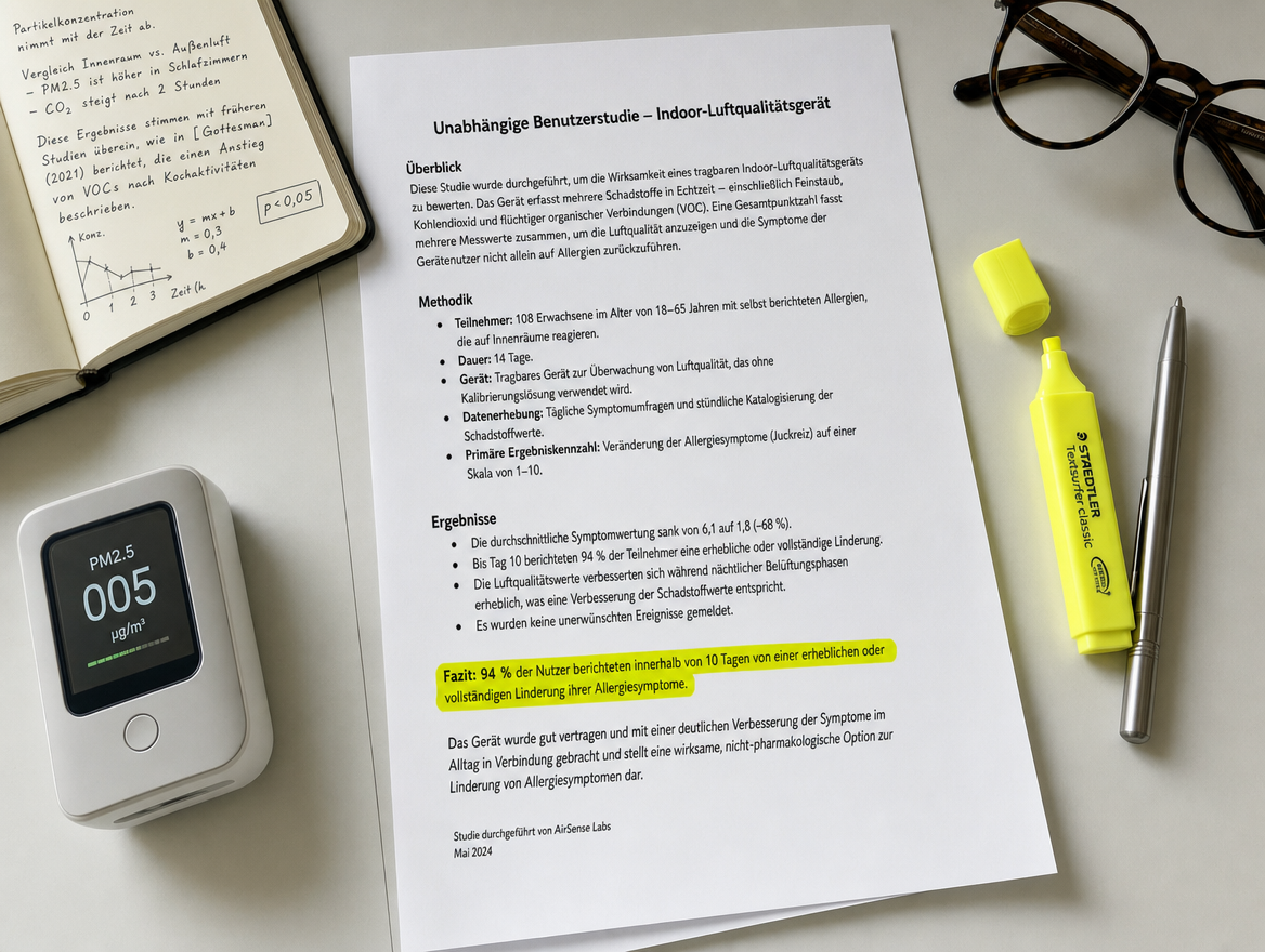 Unabhängige Nutzerstudie über ODRx — 94% der Nutzer berichten über deutliche oder vollständige Linderung der Allergiesymptome innerhalb von 10 Tagen, hervorgehoben auf einem Schreibtisch neben einem PM2,5-Luftqualitätsmessgerät