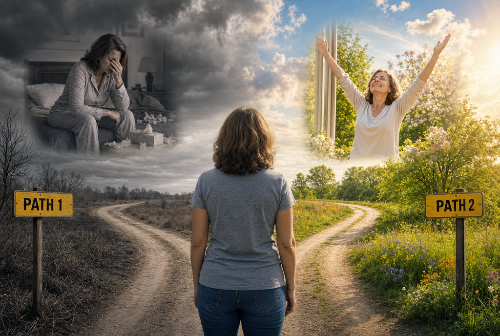 Weggabelung — Weg 1 führt in eine graue Landschaft mit einer weinenden Frau auf ihrem Bett, Weg 2 führt in einen hellen sonnigen Pfad mit einer Frau mit erhobenen Armen voller Freude